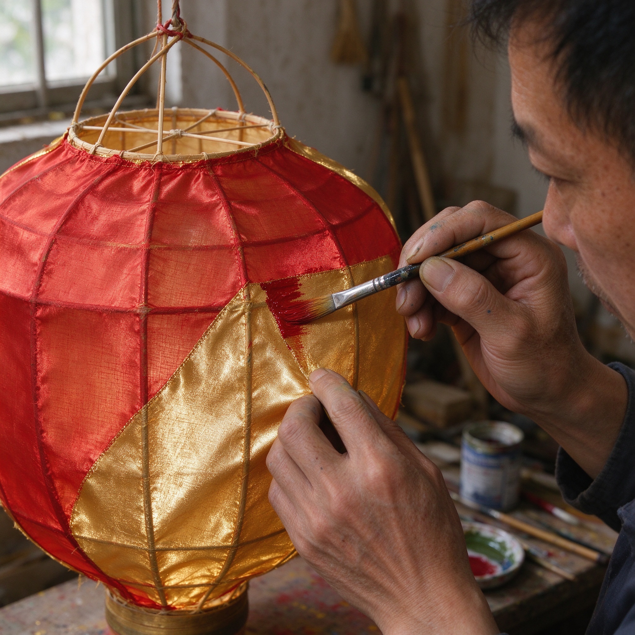 Artisans hand-painting silk lantern surfaces