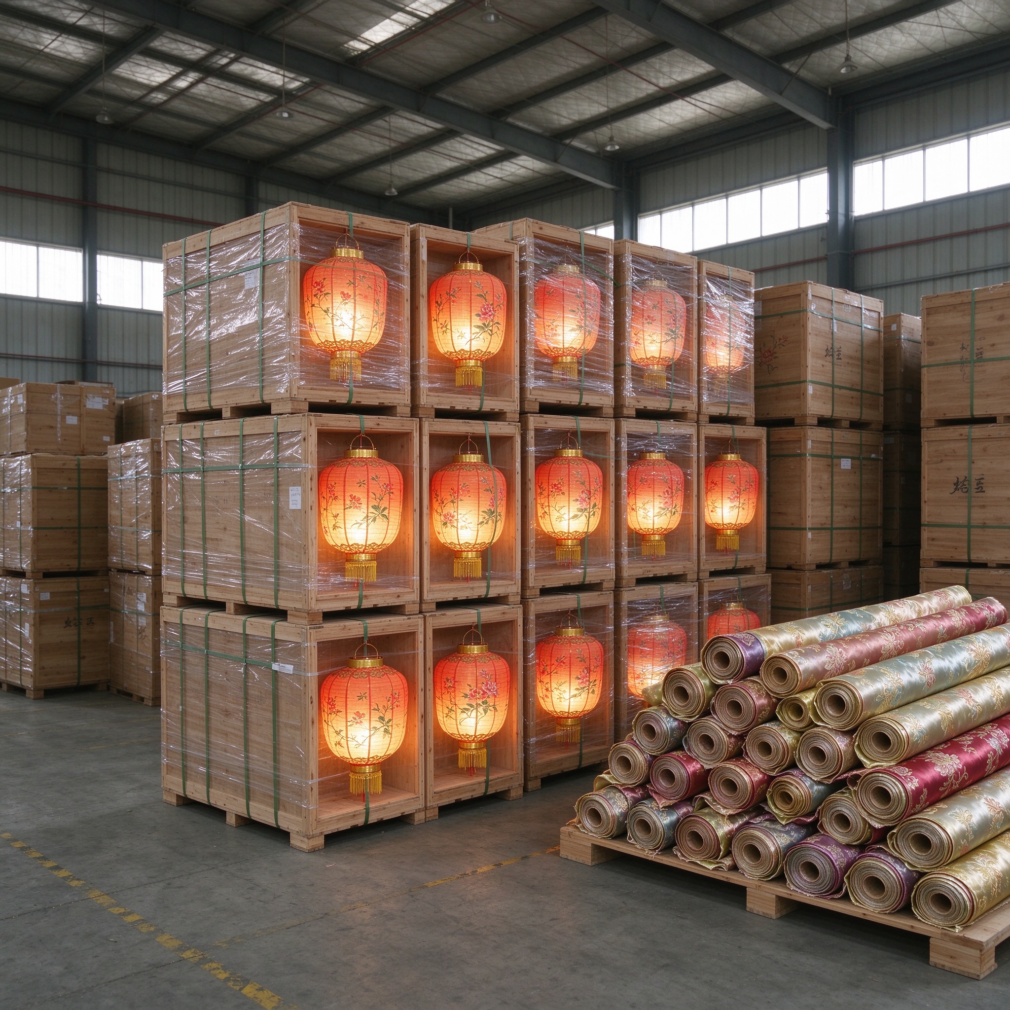 Warehouse with lanterns packed for worldwide shipping