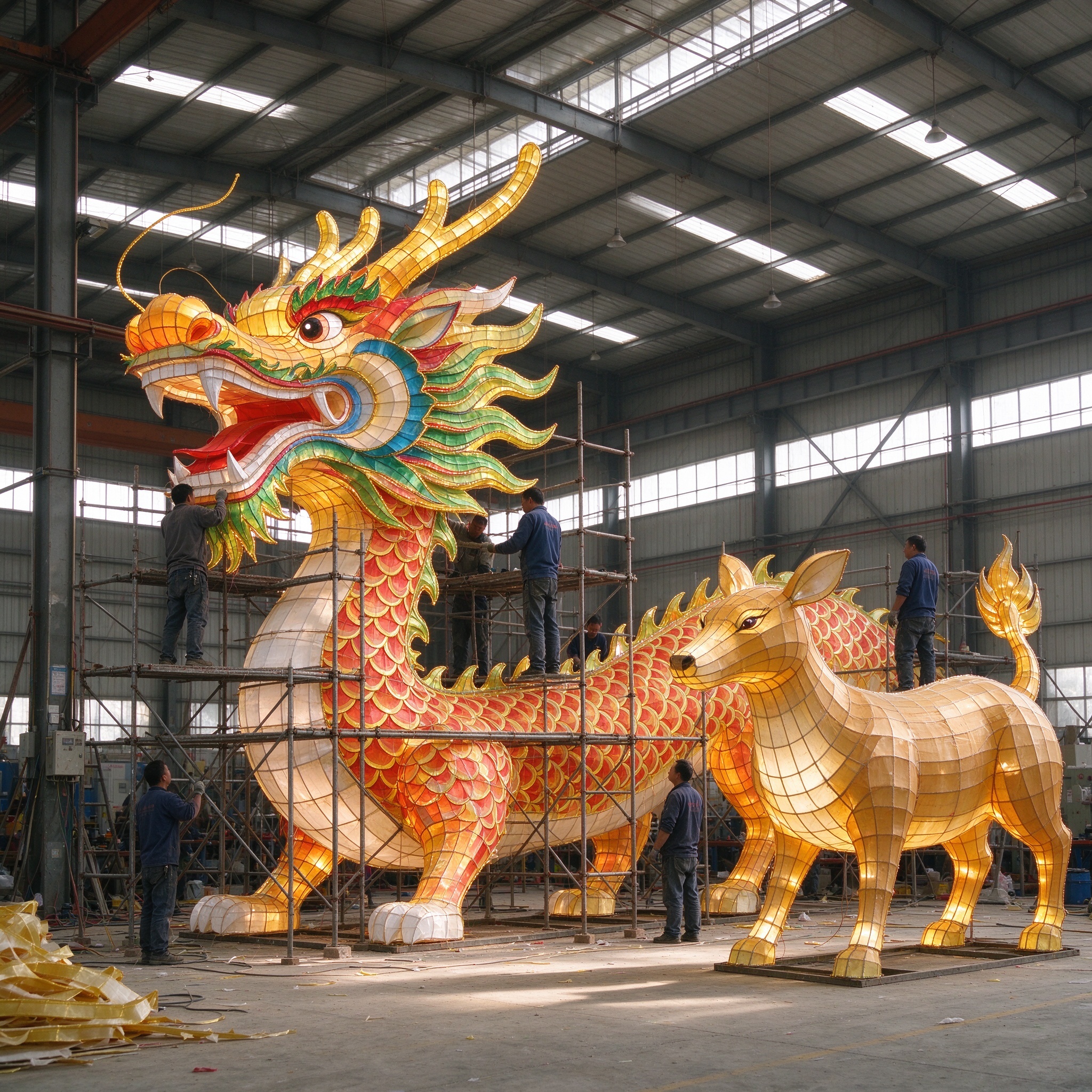 Large workshop assembling a giant dragon lantern