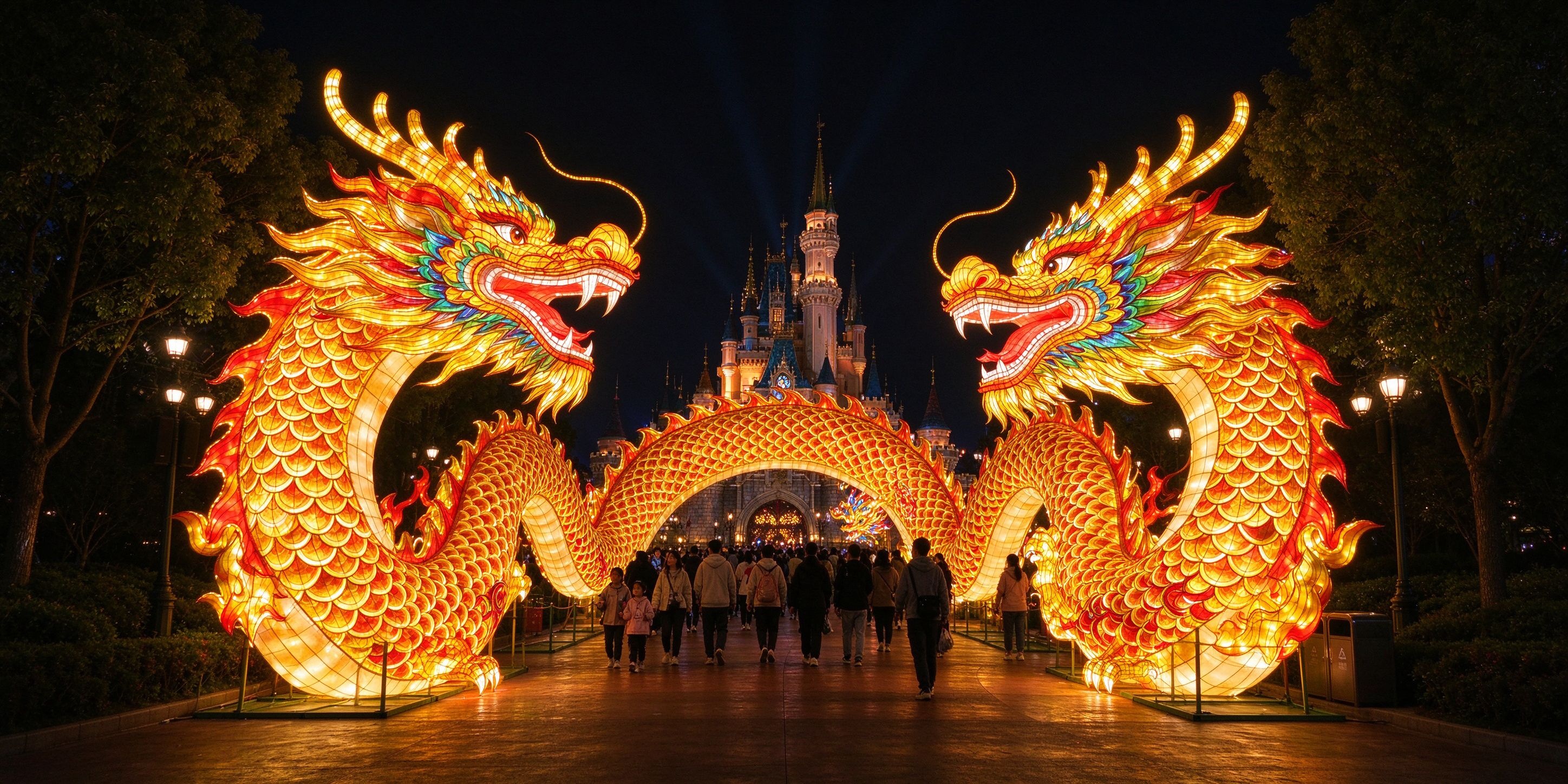 Giant dragon lantern glowing red and gold at a theme park light show