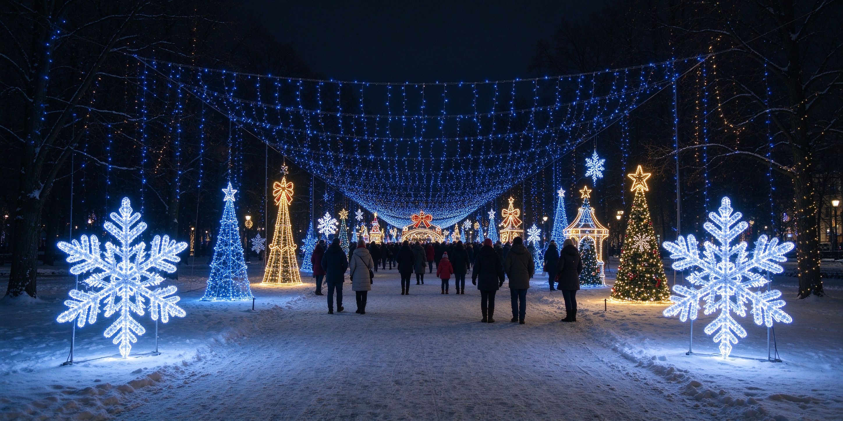 Winter lights festival with snow and holiday lights display